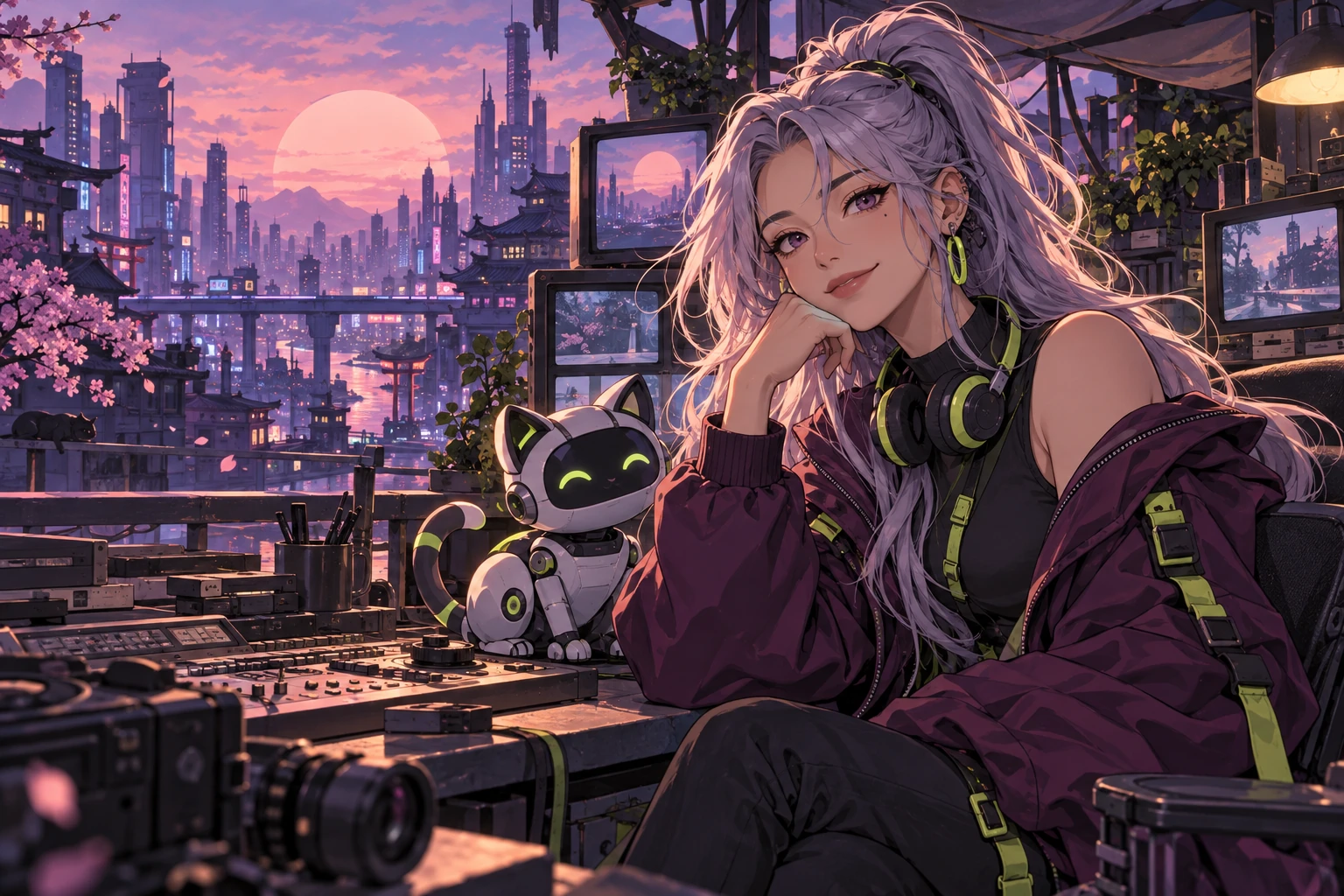 An anime video editor and her robot cat in a violet rooftop studio